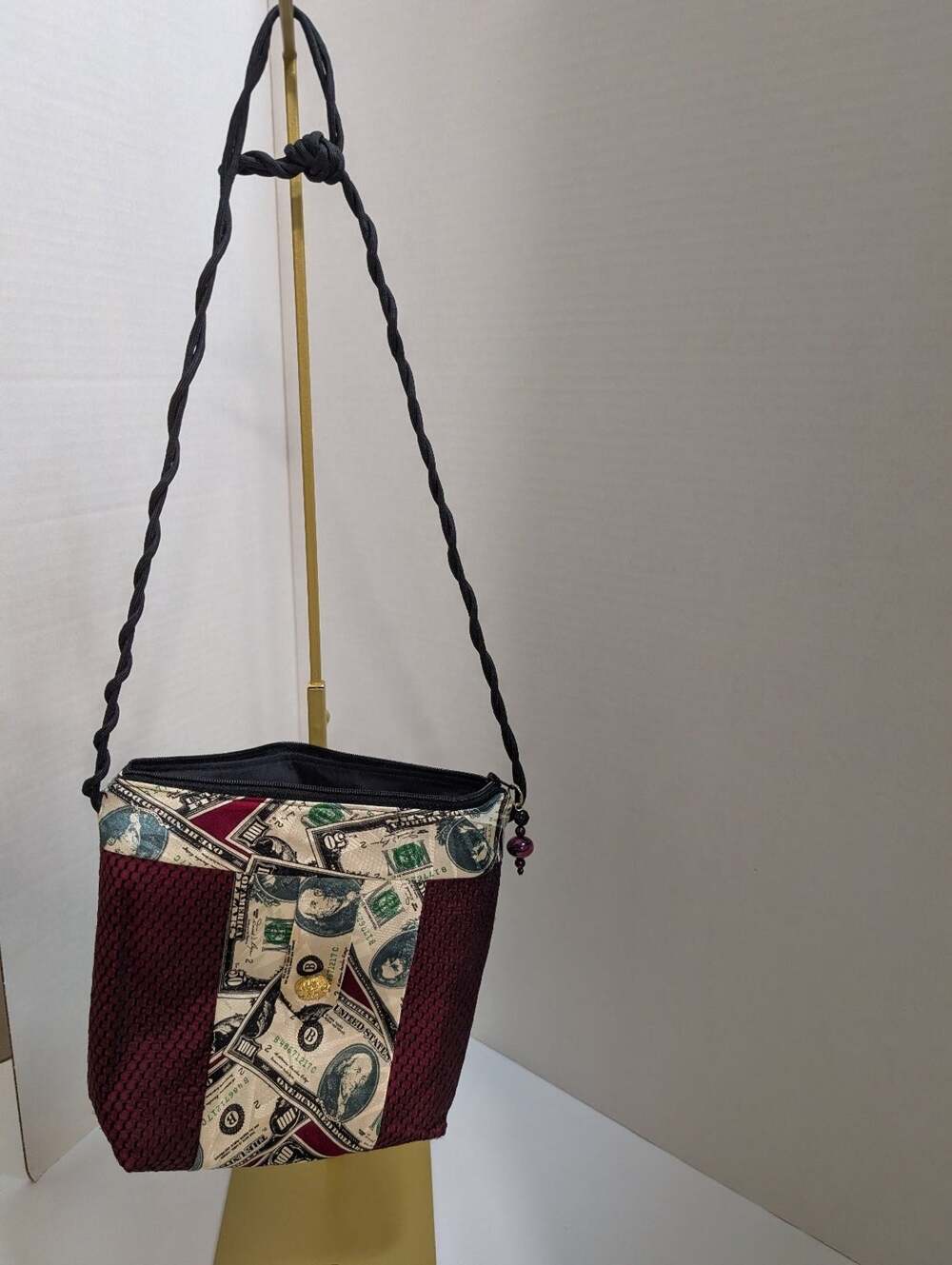 Studio 890 Handmade Money Print Crossbody Bag Pouch Maroon Dollar Bills Theme